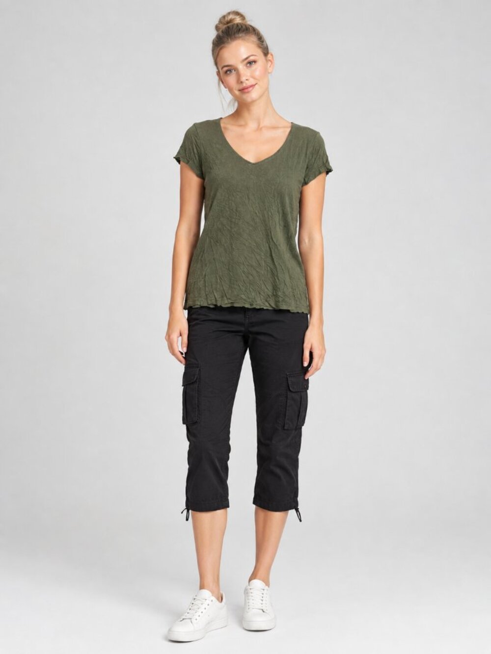 2/$30 TAHARI V-Neck Cap Sleeve Tee fOlive Green Small #A4827